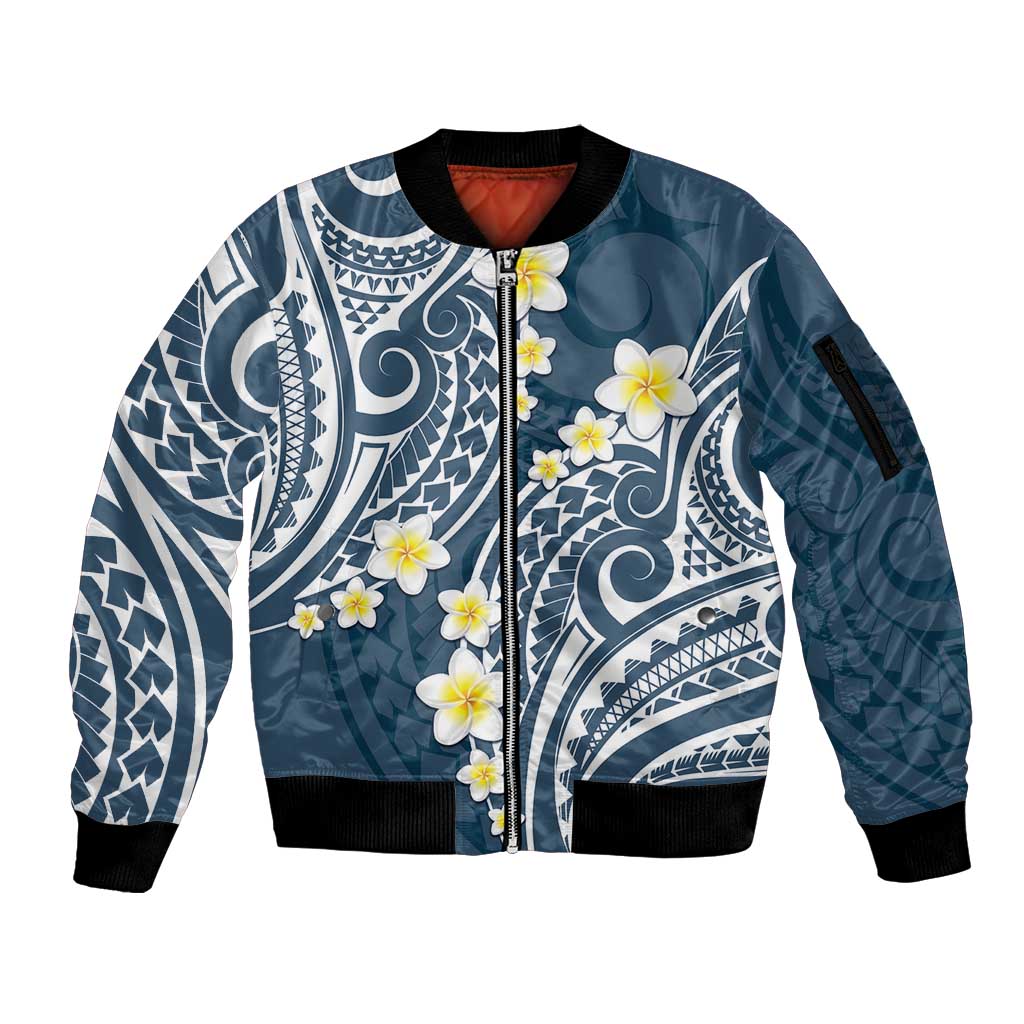 Plumeria With Blue Polynesian Tattoo Pattern Sleeve Zip Bomber Jacket