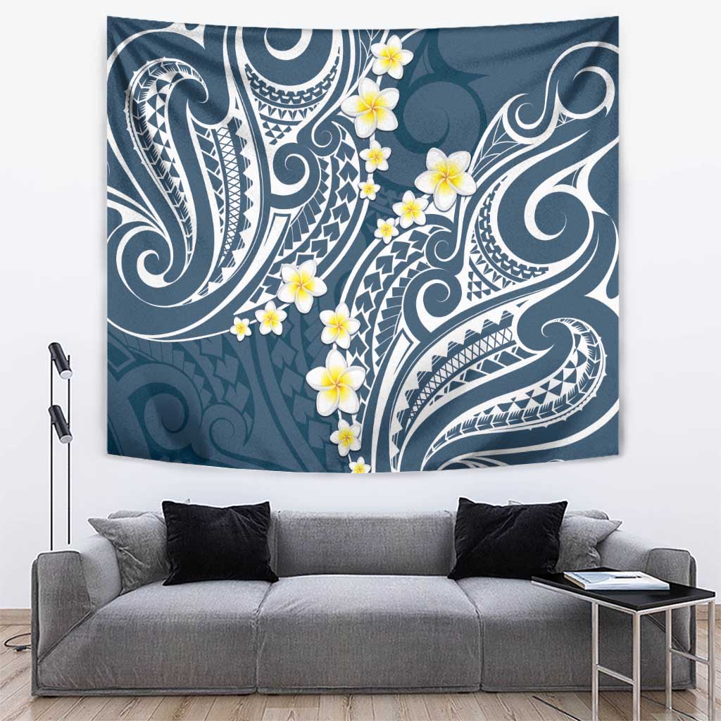 Plumeria With Blue Polynesian Tattoo Pattern Tapestry