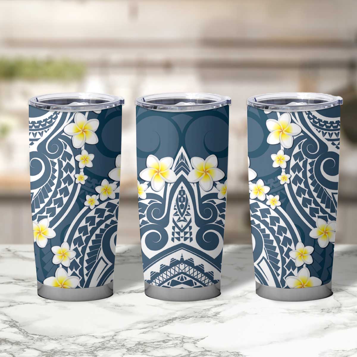Plumeria With Blue Polynesian Tattoo Pattern Tumbler Cup LT05 - Polynesian Pride