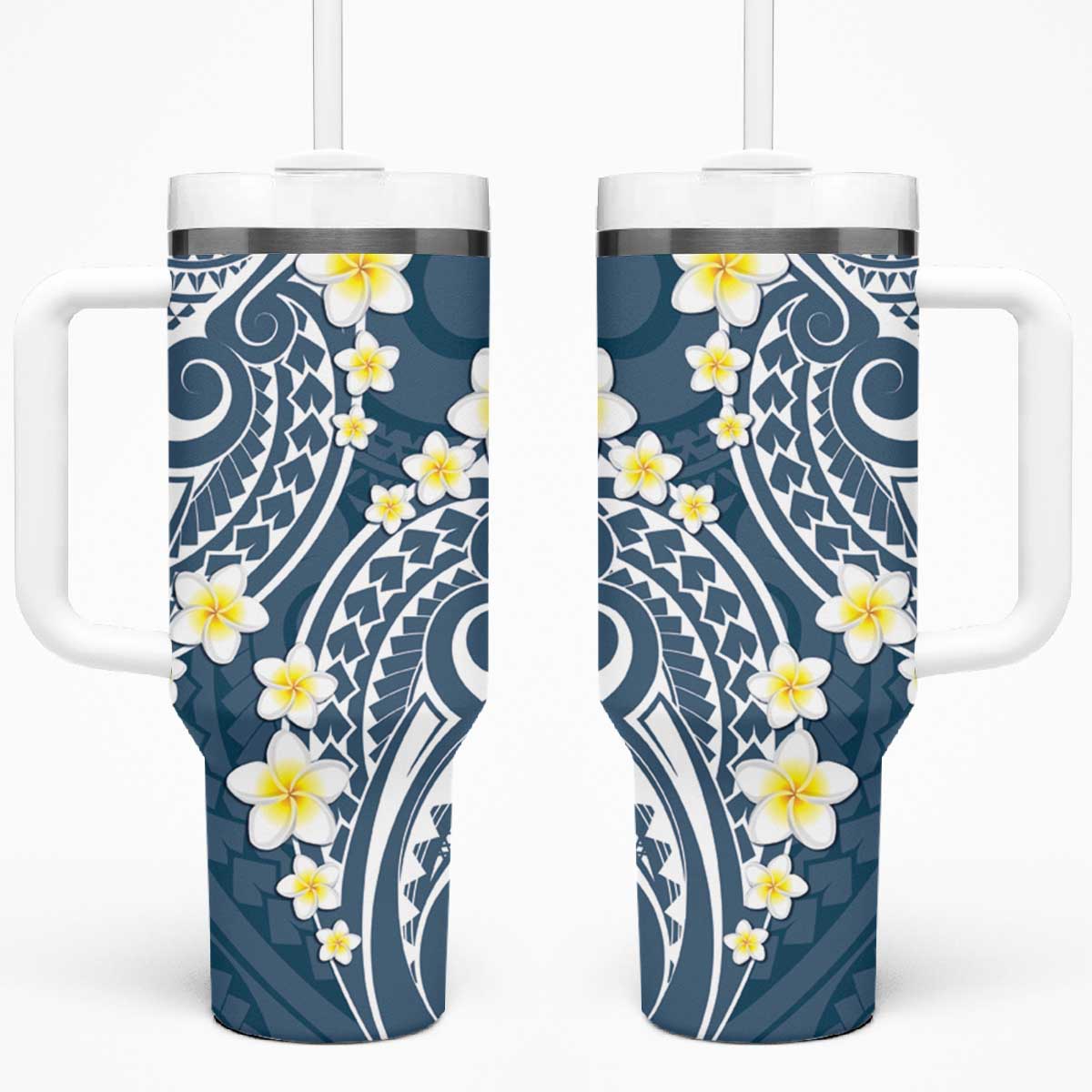 Plumeria With Blue Polynesian Tattoo Pattern Tumbler With Handle