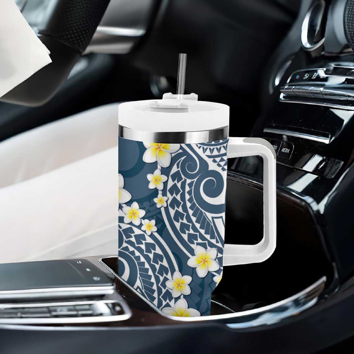 Plumeria With Blue Polynesian Tattoo Pattern Tumbler With Handle
