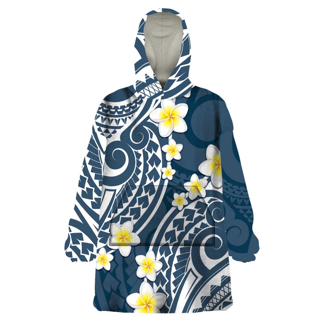 Plumeria With Blue Polynesian Tattoo Pattern Wearable Blanket Hoodie