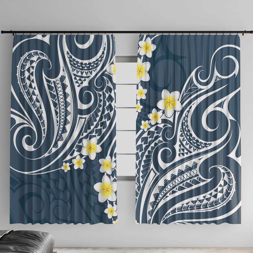 Plumeria With Blue Polynesian Tattoo Pattern Window Curtain