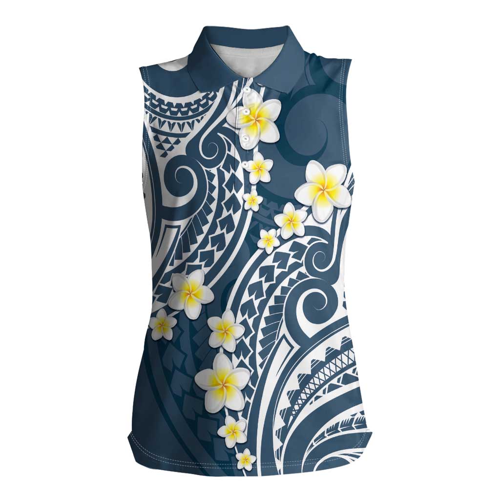 Plumeria With Blue Polynesian Tattoo Pattern Women Sleeveless Polo Shirt