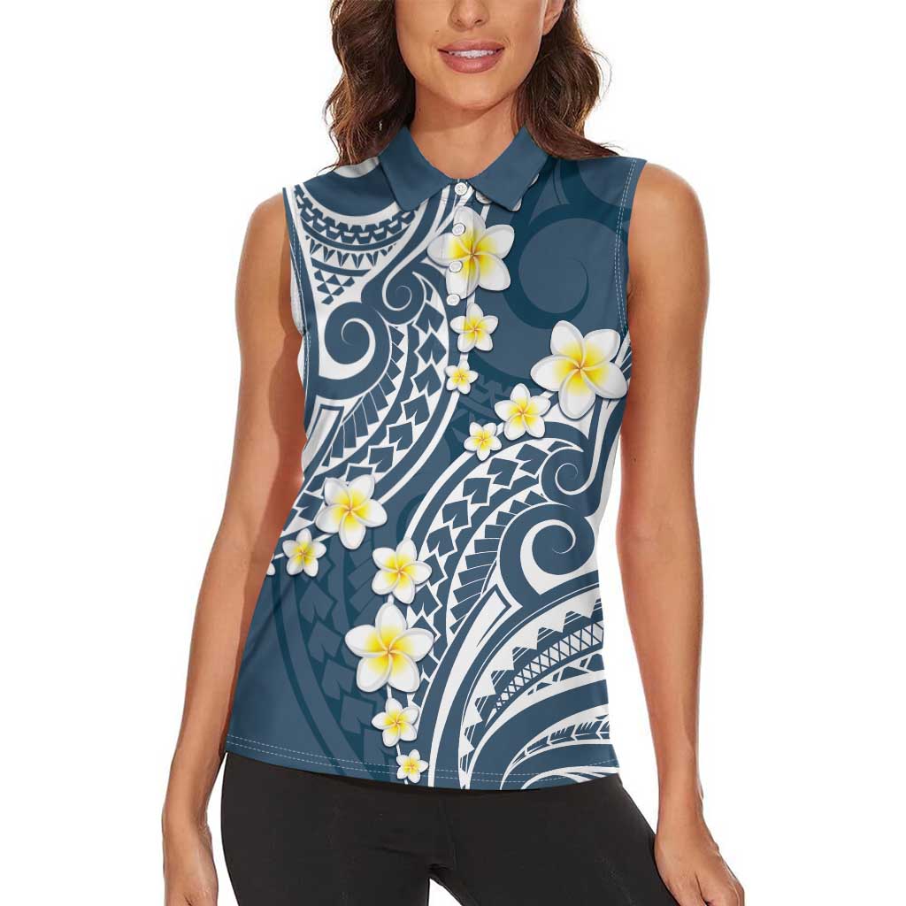 Plumeria With Blue Polynesian Tattoo Pattern Women Sleeveless Polo Shirt