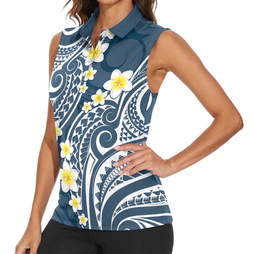 Plumeria With Blue Polynesian Tattoo Pattern Women Sleeveless Polo Shirt