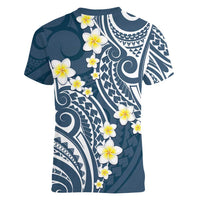 Plumeria With Blue Polynesian Tattoo Pattern Women V-Neck T-Shirt
