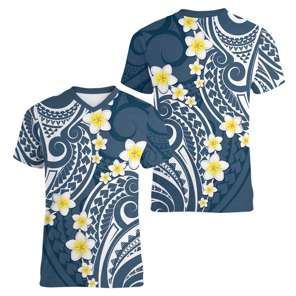 Plumeria With Blue Polynesian Tattoo Pattern Women V-Neck T-Shirt