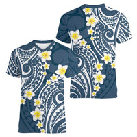 Plumeria With Blue Polynesian Tattoo Pattern Women V-Neck T-Shirt
