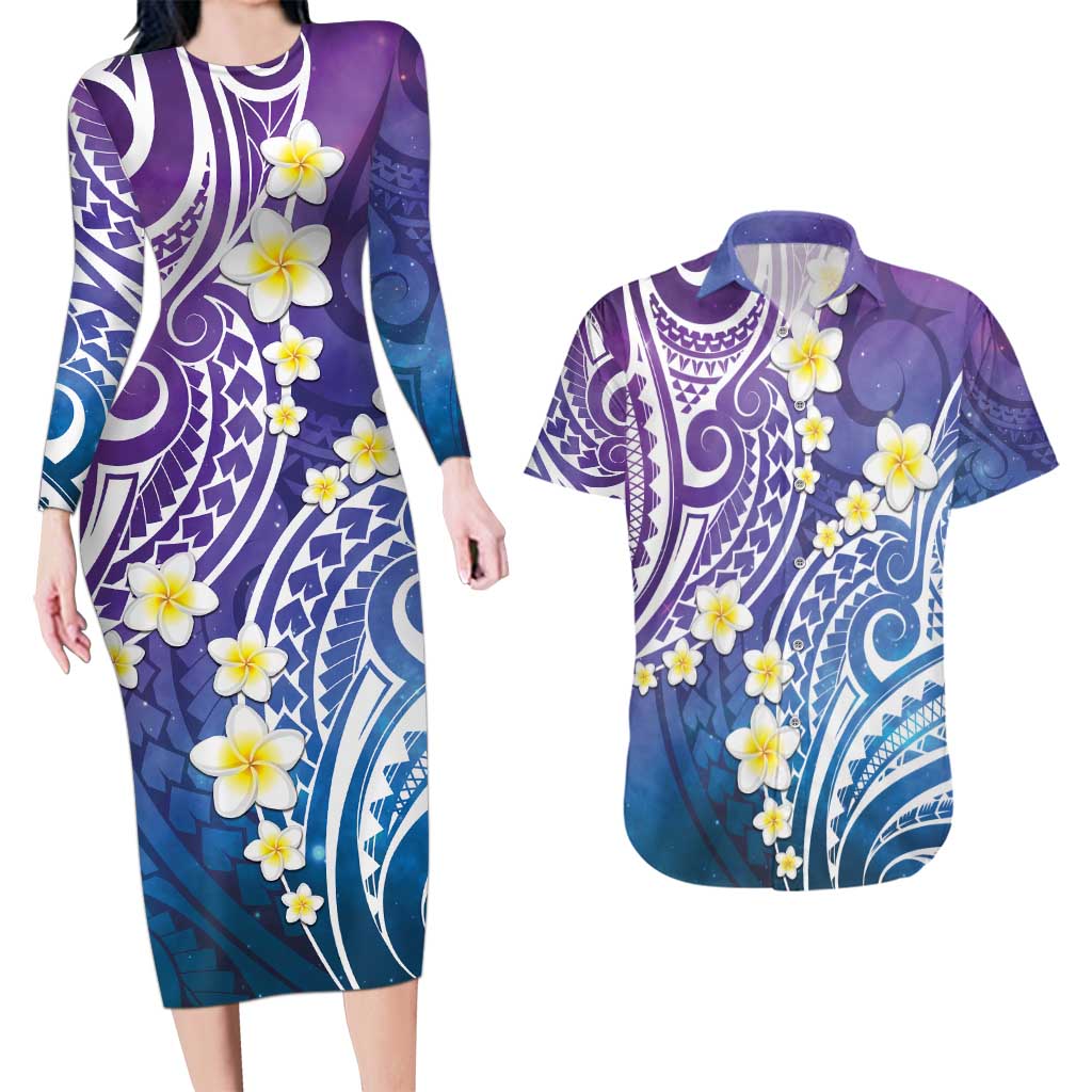 Plumeria With Galaxy Polynesian Tattoo Pattern Couples Matching Long Sleeve Bodycon Dress and Hawaiian Shirt