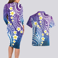 Plumeria With Galaxy Polynesian Tattoo Pattern Couples Matching Long Sleeve Bodycon Dress and Hawaiian Shirt LT05 - Polynesian Pride