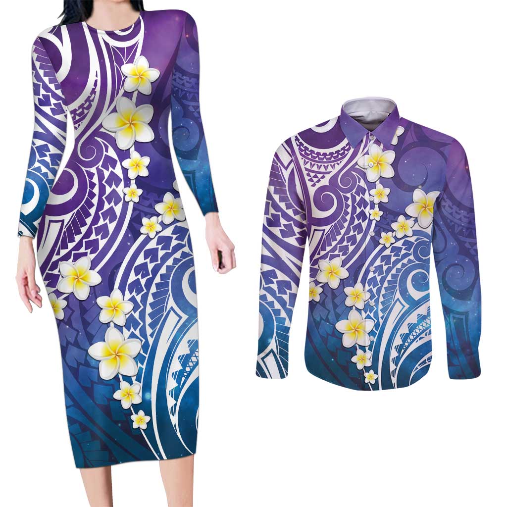 Plumeria With Galaxy Polynesian Tattoo Pattern Couples Matching Long Sleeve Bodycon Dress and Long Sleeve Button Shirt LT05 Galaxy - Polynesian Pride
