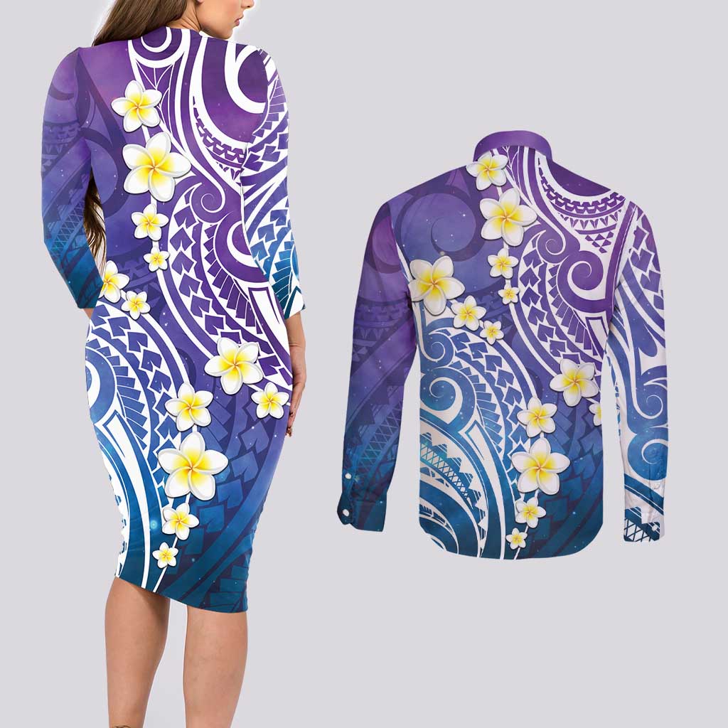 Plumeria With Galaxy Polynesian Tattoo Pattern Couples Matching Long Sleeve Bodycon Dress and Long Sleeve Button Shirt LT05 - Polynesian Pride