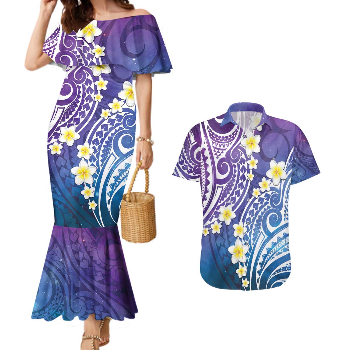 Plumeria With Galaxy Polynesian Tattoo Pattern Couples Matching Mermaid Dress and Hawaiian Shirt