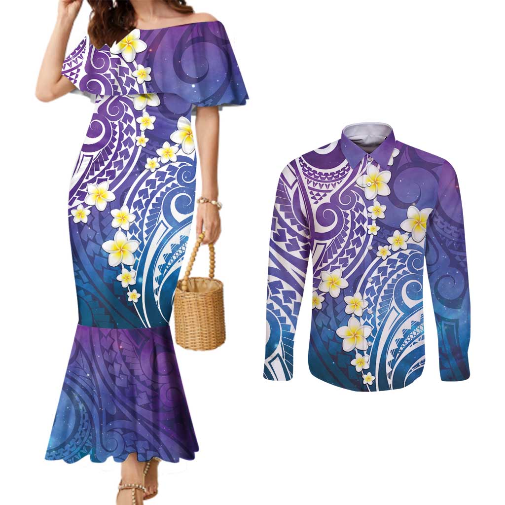 Plumeria With Galaxy Polynesian Tattoo Pattern Couples Matching Mermaid Dress and Long Sleeve Button Shirt LT05 Galaxy - Polynesian Pride