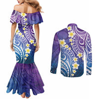 Plumeria With Galaxy Polynesian Tattoo Pattern Couples Matching Mermaid Dress and Long Sleeve Button Shirt LT05 - Polynesian Pride