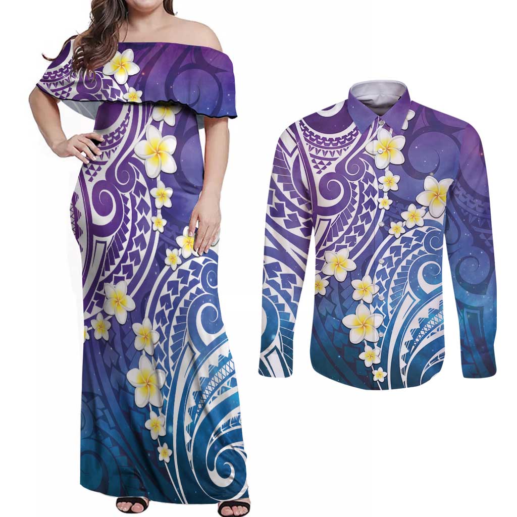 Plumeria With Galaxy Polynesian Tattoo Pattern Couples Matching Off Shoulder Maxi Dress and Long Sleeve Button Shirt LT05 Galaxy - Polynesian Pride