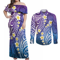 Plumeria With Galaxy Polynesian Tattoo Pattern Couples Matching Off Shoulder Maxi Dress and Long Sleeve Button Shirt LT05 Galaxy - Polynesian Pride