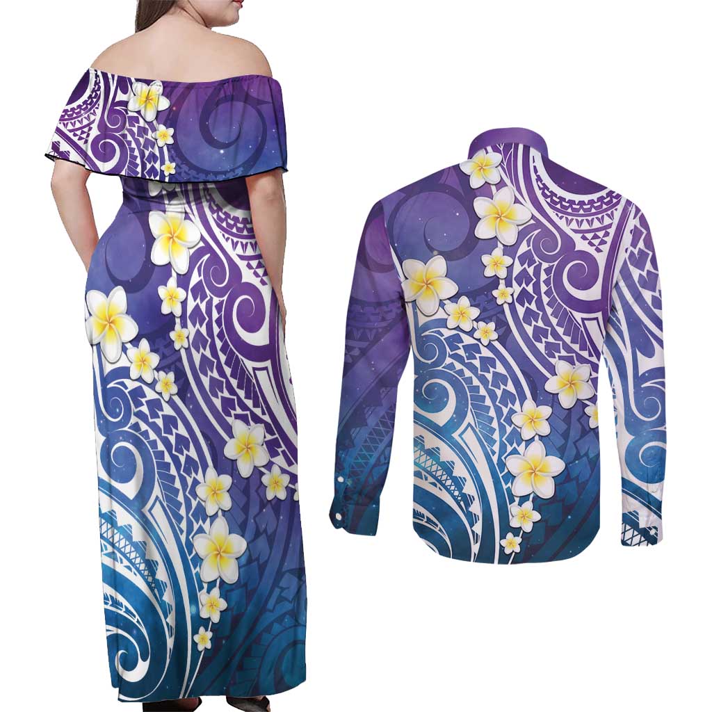 Plumeria With Galaxy Polynesian Tattoo Pattern Couples Matching Off Shoulder Maxi Dress and Long Sleeve Button Shirt LT05 - Polynesian Pride