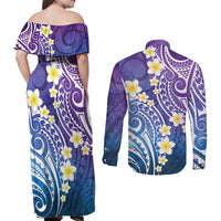 Plumeria With Galaxy Polynesian Tattoo Pattern Couples Matching Off Shoulder Maxi Dress and Long Sleeve Button Shirt LT05 - Polynesian Pride