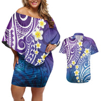 Plumeria With Galaxy Polynesian Tattoo Pattern Couples Matching Off Shoulder Short Dress and Hawaiian Shirt LT05 Galaxy - Polynesian Pride