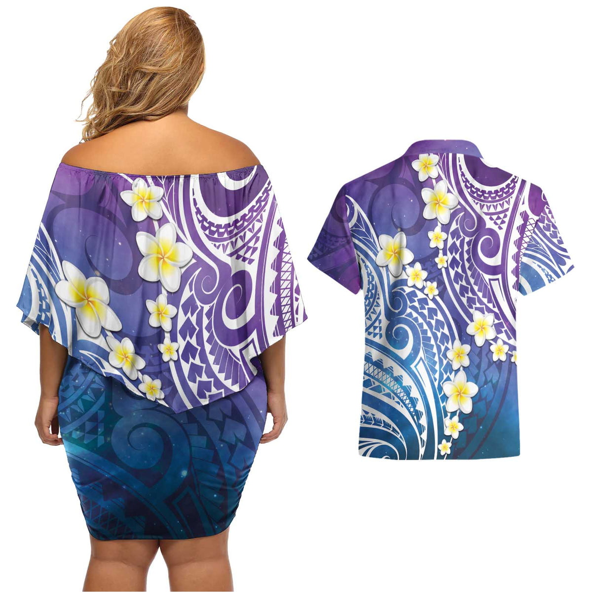 Plumeria With Galaxy Polynesian Tattoo Pattern Couples Matching Off Shoulder Short Dress and Hawaiian Shirt LT05 - Polynesian Pride