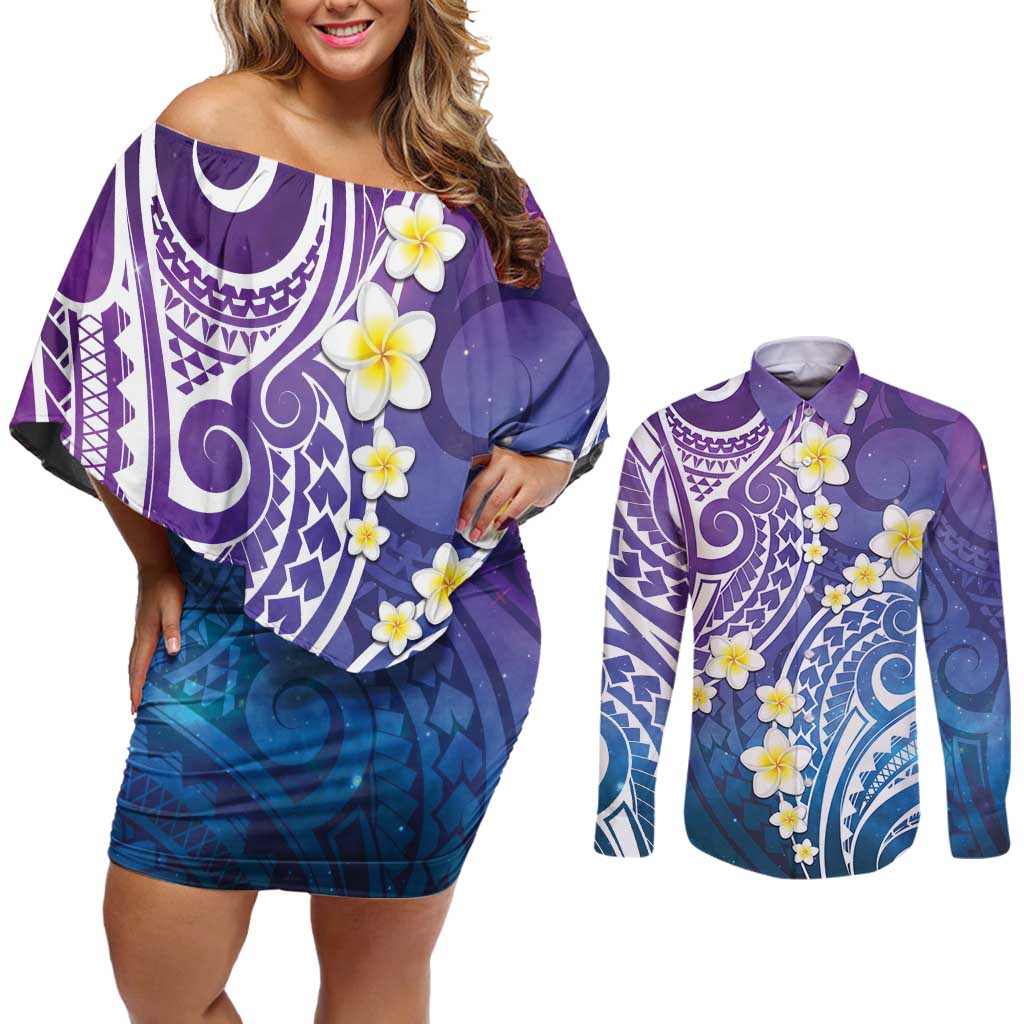 Plumeria With Galaxy Polynesian Tattoo Pattern Couples Matching Off Shoulder Short Dress and Long Sleeve Button Shirt LT05 Galaxy - Polynesian Pride