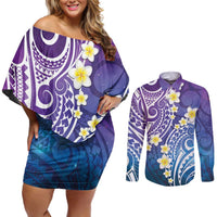 Plumeria With Galaxy Polynesian Tattoo Pattern Couples Matching Off Shoulder Short Dress and Long Sleeve Button Shirt LT05 Galaxy - Polynesian Pride