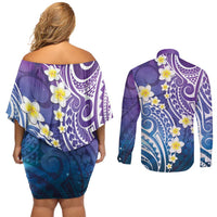 Plumeria With Galaxy Polynesian Tattoo Pattern Couples Matching Off Shoulder Short Dress and Long Sleeve Button Shirt LT05 - Polynesian Pride