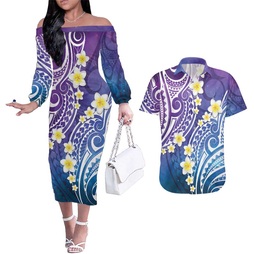 Plumeria With Galaxy Polynesian Tattoo Pattern Couples Matching Off The Shoulder Long Sleeve Dress and Hawaiian Shirt LT05 Galaxy - Polynesian Pride