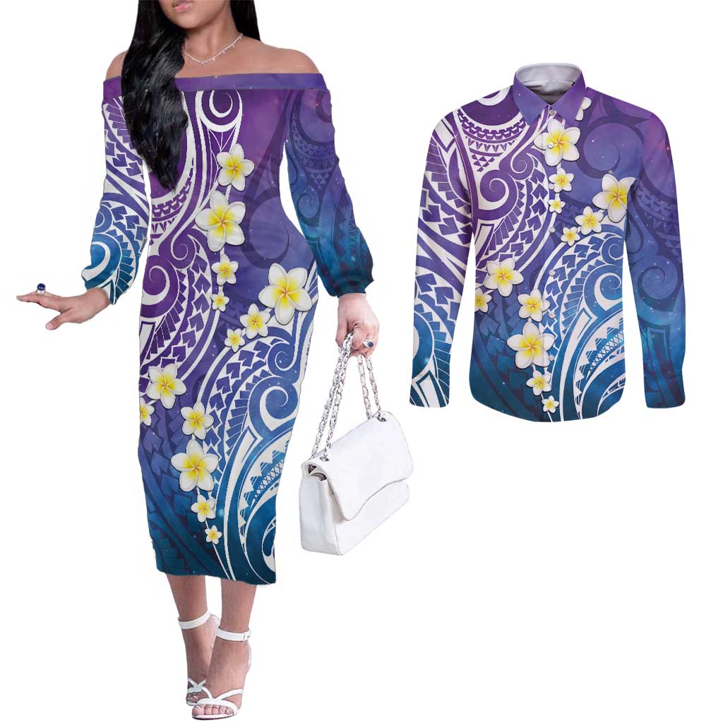 Plumeria With Galaxy Polynesian Tattoo Pattern Couples Matching Off The Shoulder Long Sleeve Dress and Long Sleeve Button Shirt LT05 Galaxy - Polynesian Pride