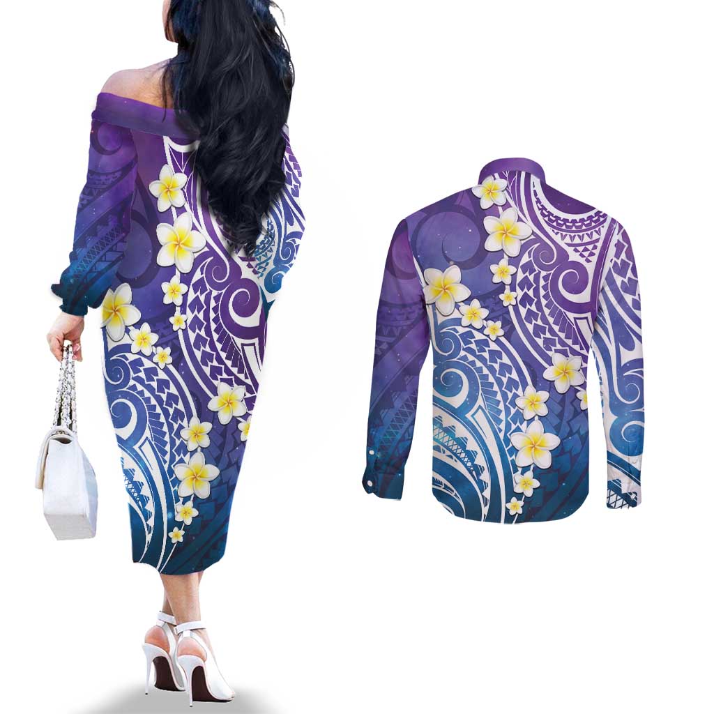 Plumeria With Galaxy Polynesian Tattoo Pattern Couples Matching Off The Shoulder Long Sleeve Dress and Long Sleeve Button Shirt LT05 - Polynesian Pride