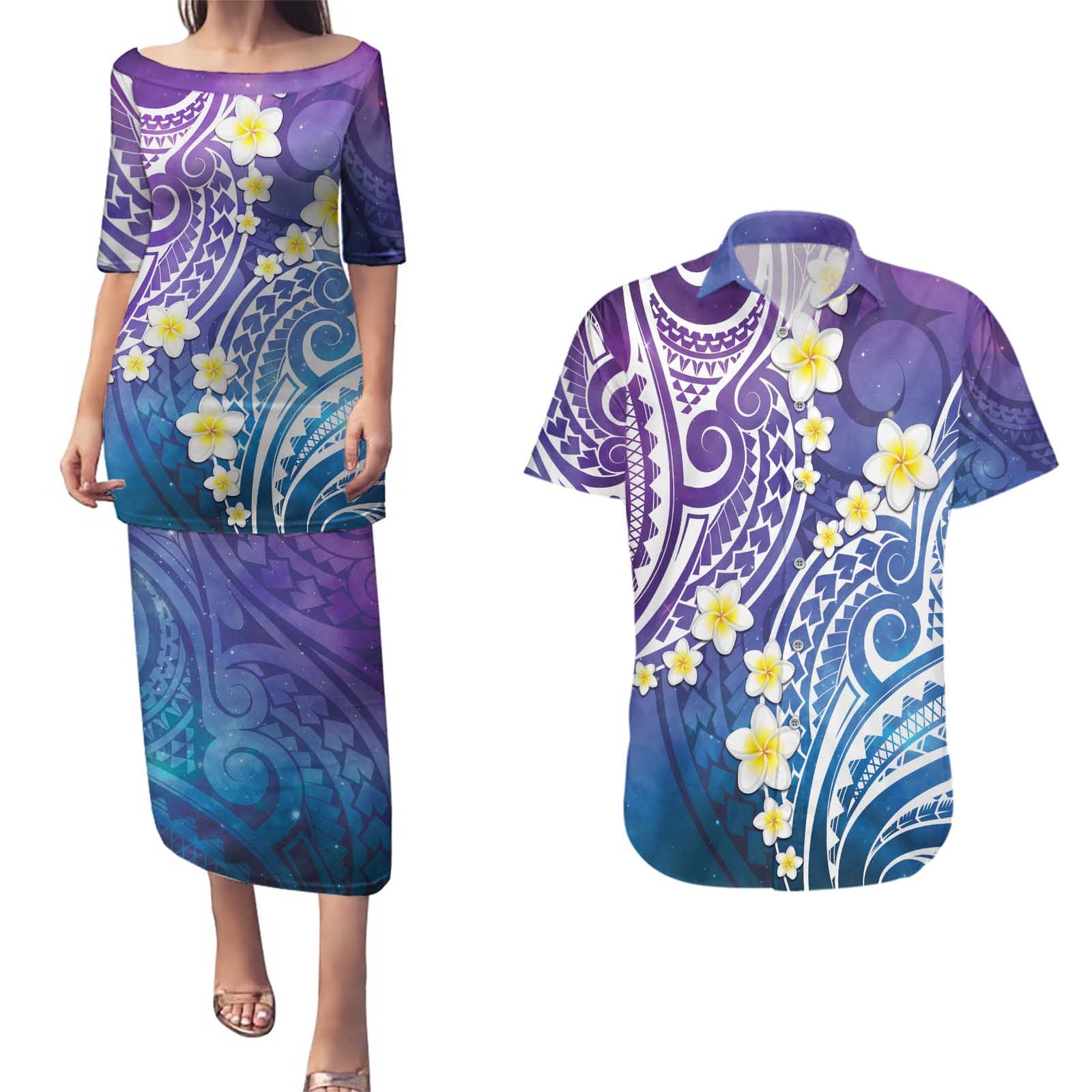 Plumeria With Galaxy Polynesian Tattoo Pattern Couples Matching Puletasi and Hawaiian Shirt LT05 Galaxy - Polynesian Pride