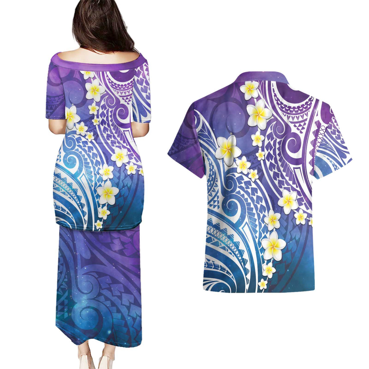 Plumeria With Galaxy Polynesian Tattoo Pattern Couples Matching Puletasi and Hawaiian Shirt LT05 - Polynesian Pride