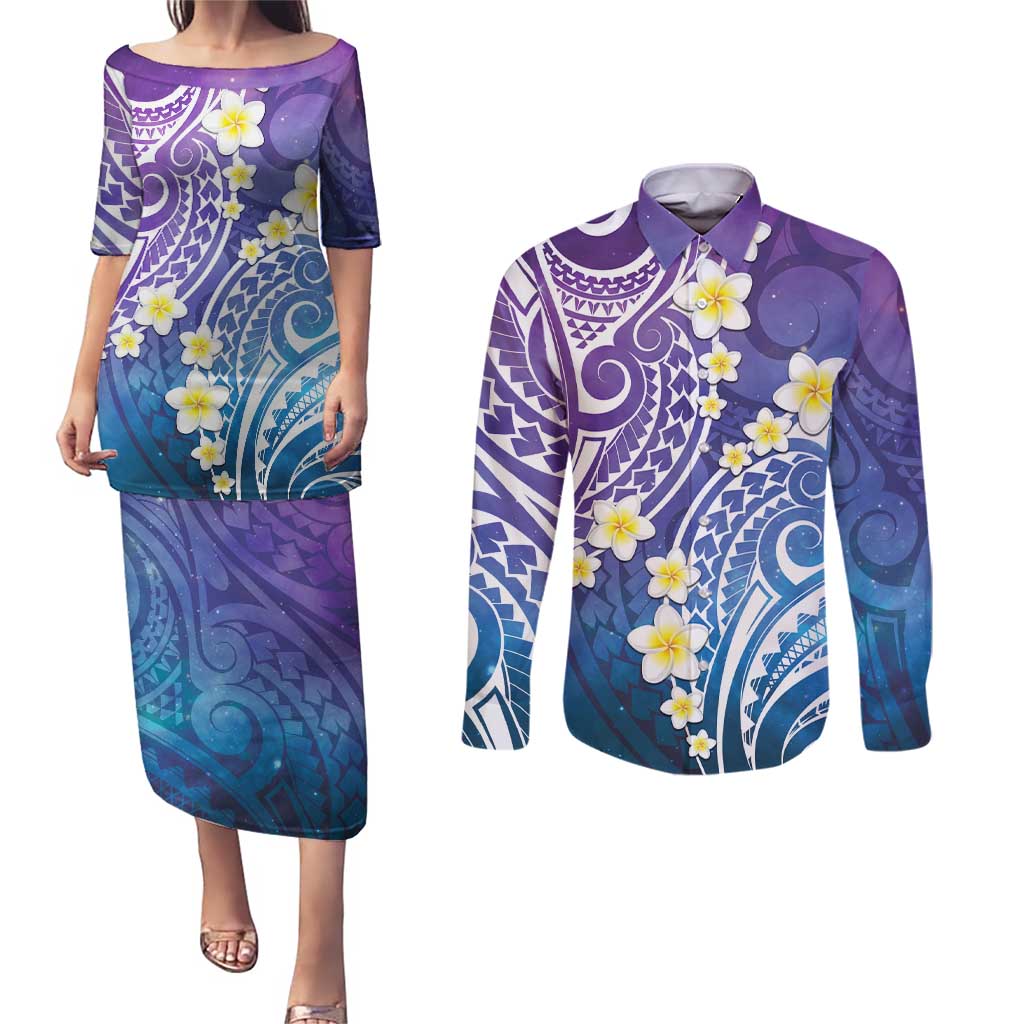 Plumeria With Galaxy Polynesian Tattoo Pattern Couples Matching Puletasi and Long Sleeve Button Shirt LT05 Galaxy - Polynesian Pride