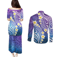 Plumeria With Galaxy Polynesian Tattoo Pattern Couples Matching Puletasi and Long Sleeve Button Shirt LT05 - Polynesian Pride