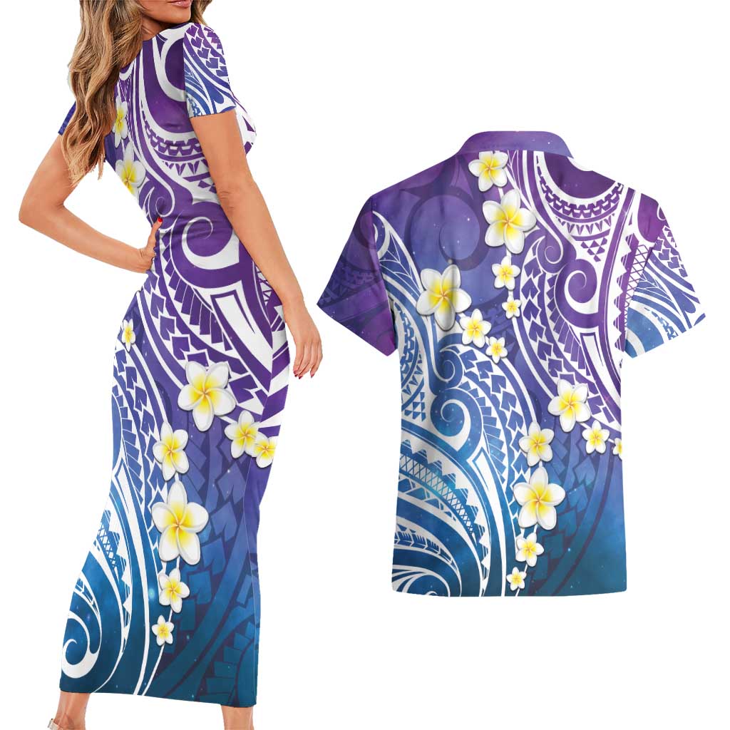 Plumeria With Galaxy Polynesian Tattoo Pattern Couples Matching Short Sleeve Bodycon Dress and Hawaiian Shirt LT05 - Polynesian Pride