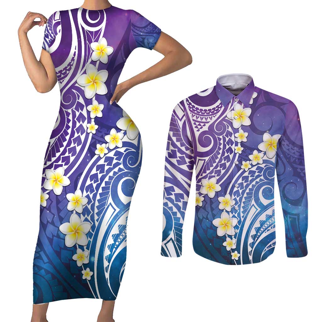 Plumeria With Galaxy Polynesian Tattoo Pattern Couples Matching Short Sleeve Bodycon Dress and Long Sleeve Button Shirt LT05 Galaxy - Polynesian Pride
