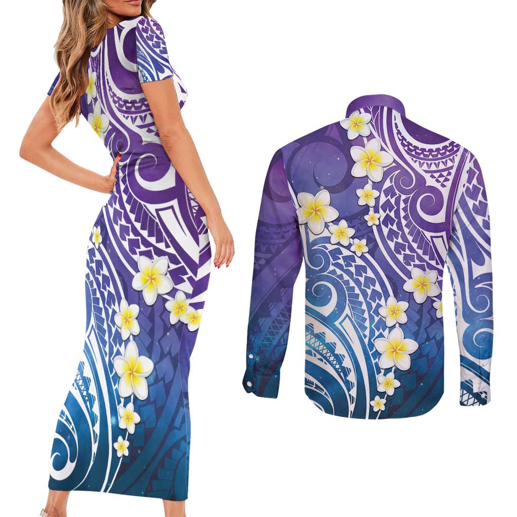 Plumeria With Galaxy Polynesian Tattoo Pattern Couples Matching Short Sleeve Bodycon Dress and Long Sleeve Button Shirt LT05 - Polynesian Pride