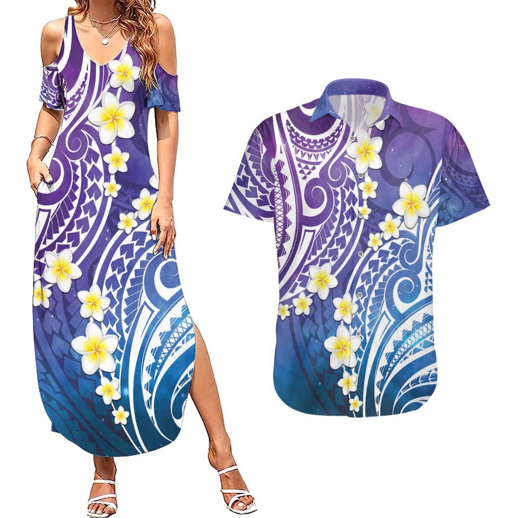 Plumeria With Galaxy Polynesian Tattoo Pattern Couples Matching Summer Maxi Dress and Hawaiian Shirt LT05 Galaxy - Polynesian Pride