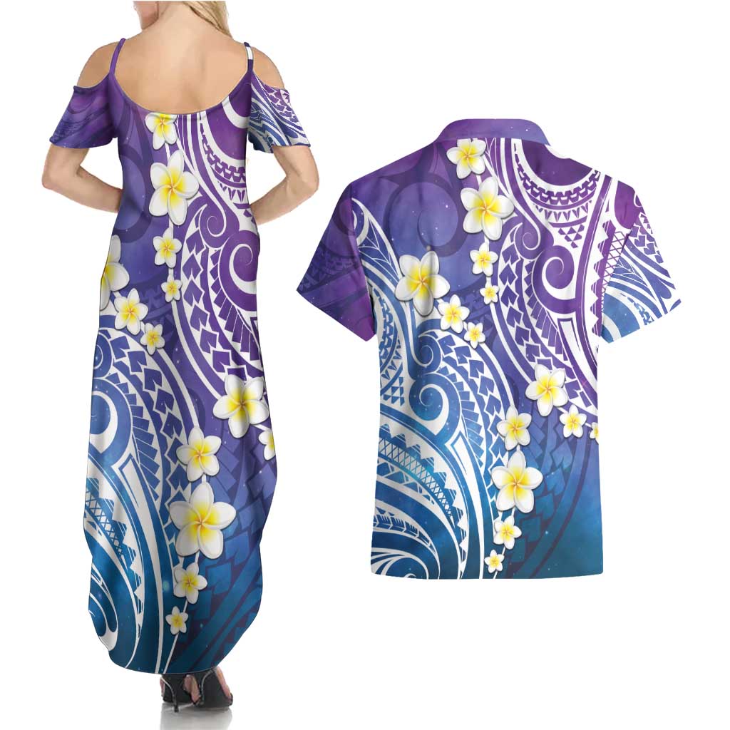 Plumeria With Galaxy Polynesian Tattoo Pattern Couples Matching Summer Maxi Dress and Hawaiian Shirt LT05 - Polynesian Pride