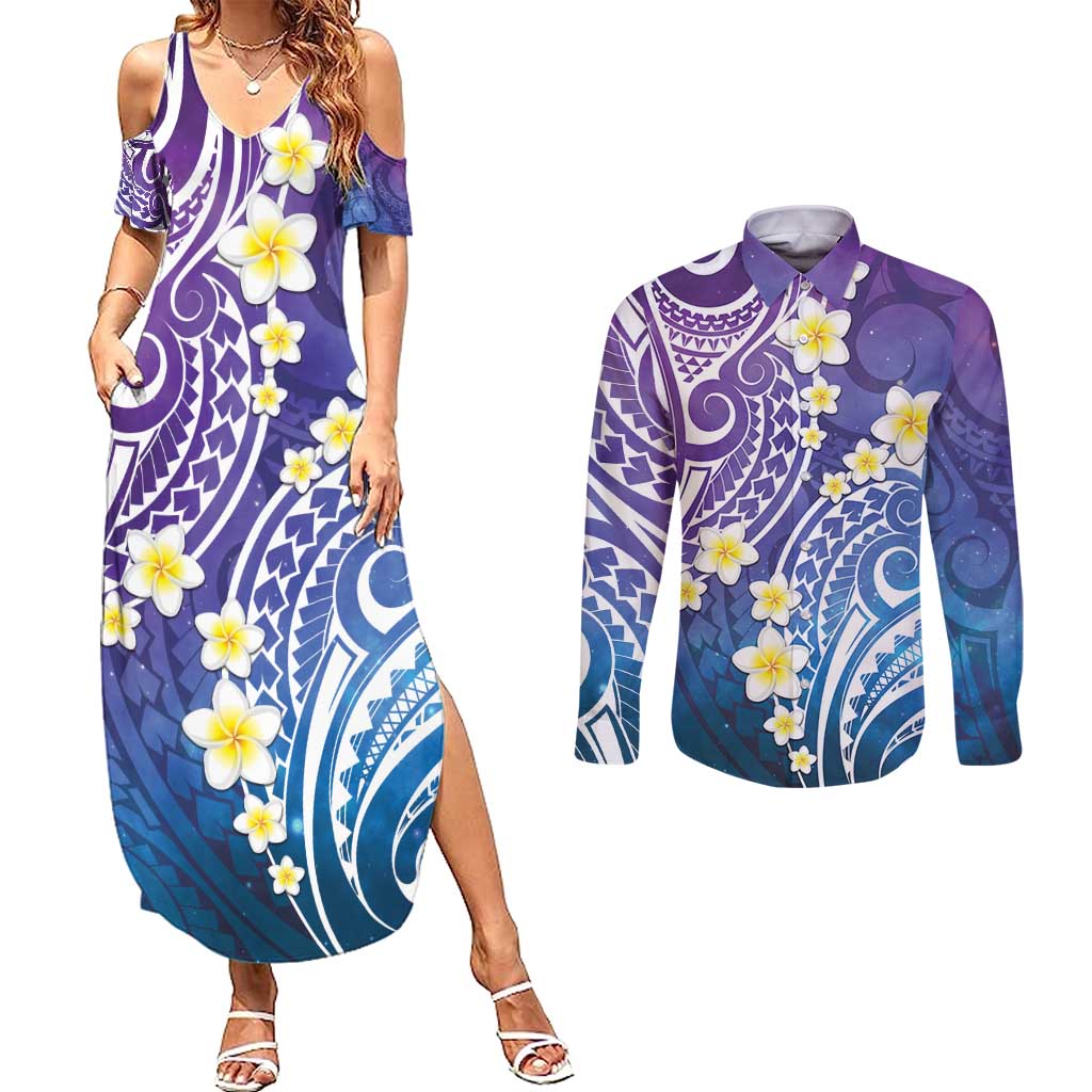 Plumeria With Galaxy Polynesian Tattoo Pattern Couples Matching Summer Maxi Dress and Long Sleeve Button Shirt LT05 Galaxy - Polynesian Pride