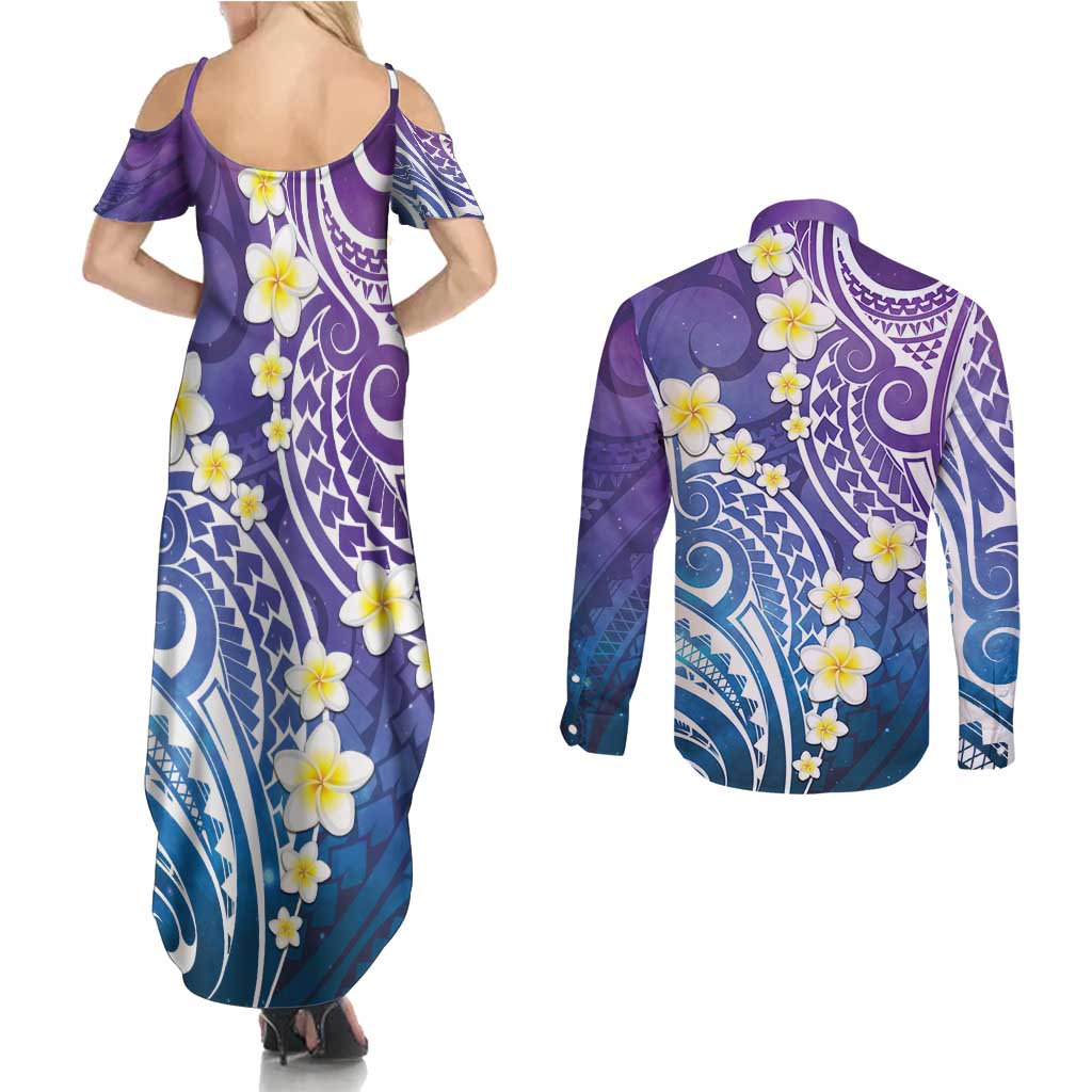 Plumeria With Galaxy Polynesian Tattoo Pattern Couples Matching Summer Maxi Dress and Long Sleeve Button Shirt LT05 - Polynesian Pride