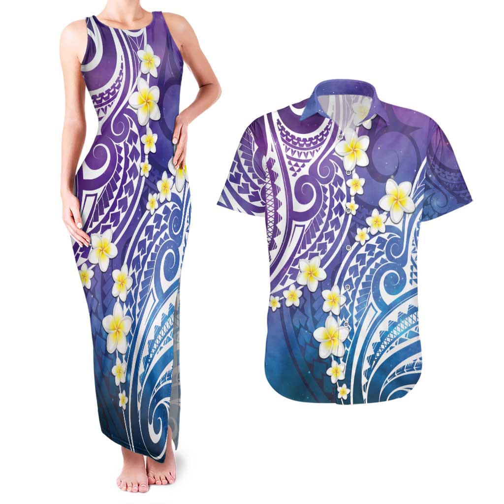 Plumeria With Galaxy Polynesian Tattoo Pattern Couples Matching Tank Maxi Dress and Hawaiian Shirt LT05 Galaxy - Polynesian Pride