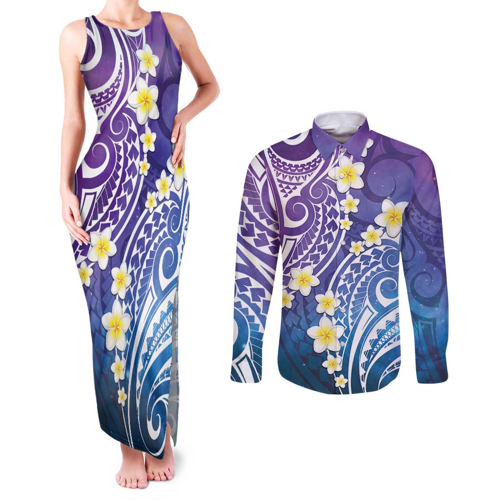 Plumeria With Galaxy Polynesian Tattoo Pattern Couples Matching Tank Maxi Dress and Long Sleeve Button Shirt LT05 Galaxy - Polynesian Pride