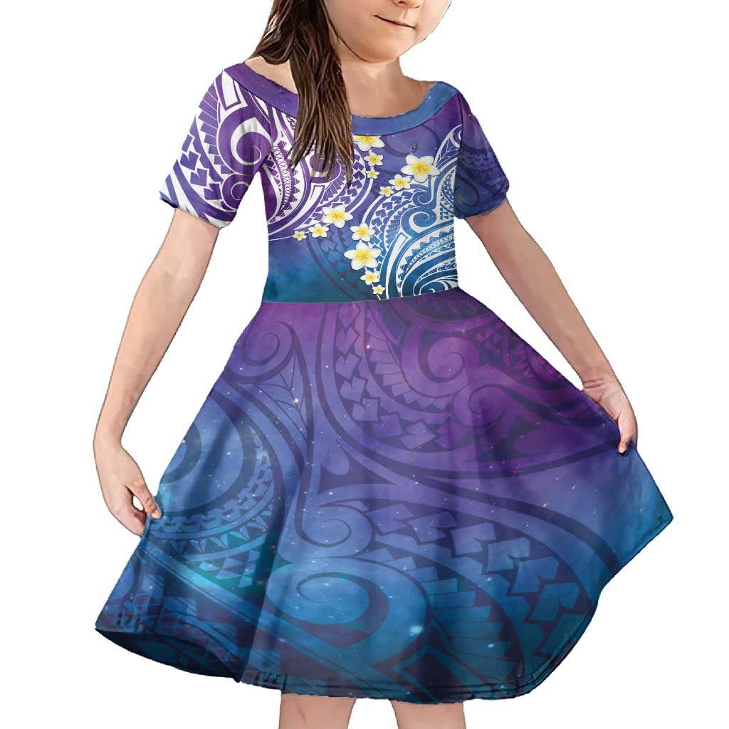 Plumeria With Galaxy Polynesian Tattoo Pattern Family Matching Long Sleeve Bodycon Dress and Hawaiian Shirt LT05 Daughter's Dress Galaxy - Polynesian Pride