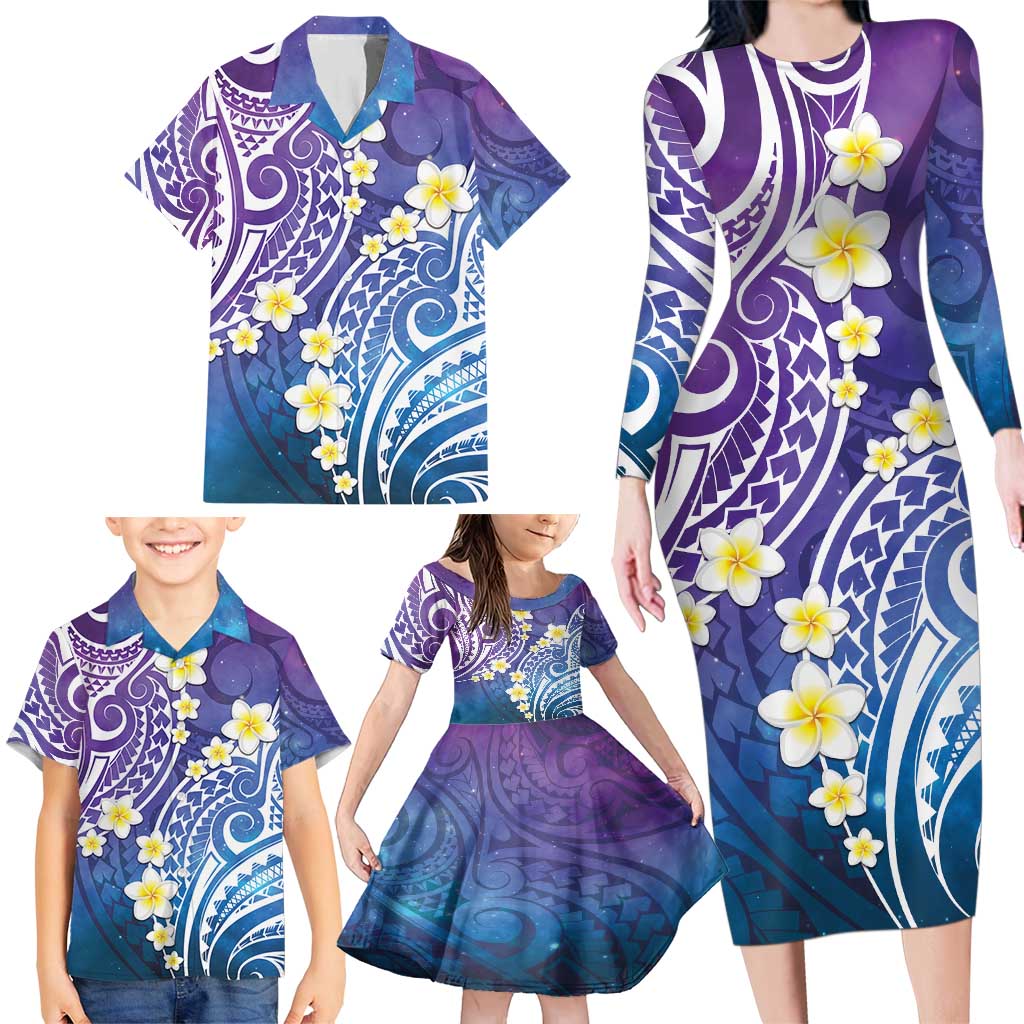 Plumeria With Galaxy Polynesian Tattoo Pattern Family Matching Long Sleeve Bodycon Dress and Hawaiian Shirt