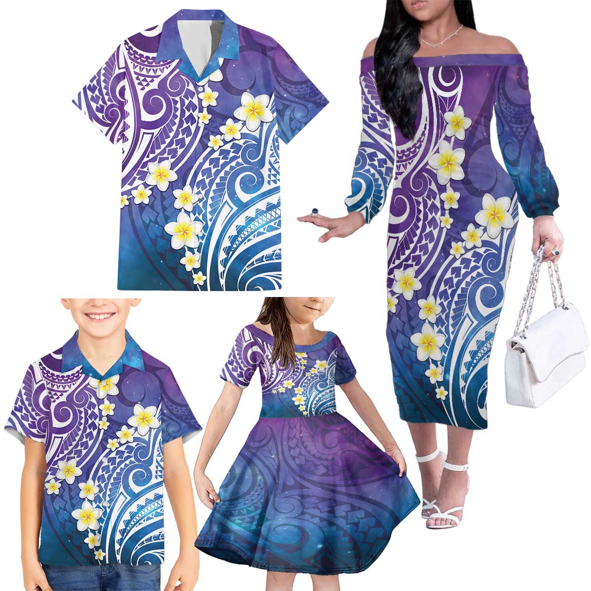 Plumeria With Galaxy Polynesian Tattoo Pattern Family Matching Off The Shoulder Long Sleeve Dress and Hawaiian Shirt