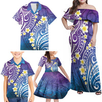 Plumeria With Galaxy Polynesian Tattoo Pattern Family Matching Off Shoulder Maxi Dress and Hawaiian Shirt LT05 - Polynesian Pride