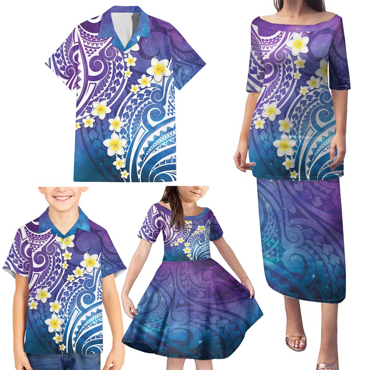 Plumeria With Galaxy Polynesian Tattoo Pattern Family Matching Puletasi and Hawaiian Shirt LT05 - Polynesian Pride